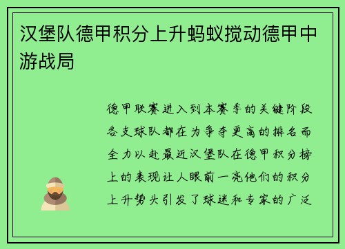汉堡队德甲积分上升蚂蚁搅动德甲中游战局