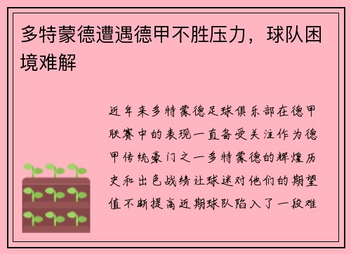 多特蒙德遭遇德甲不胜压力，球队困境难解